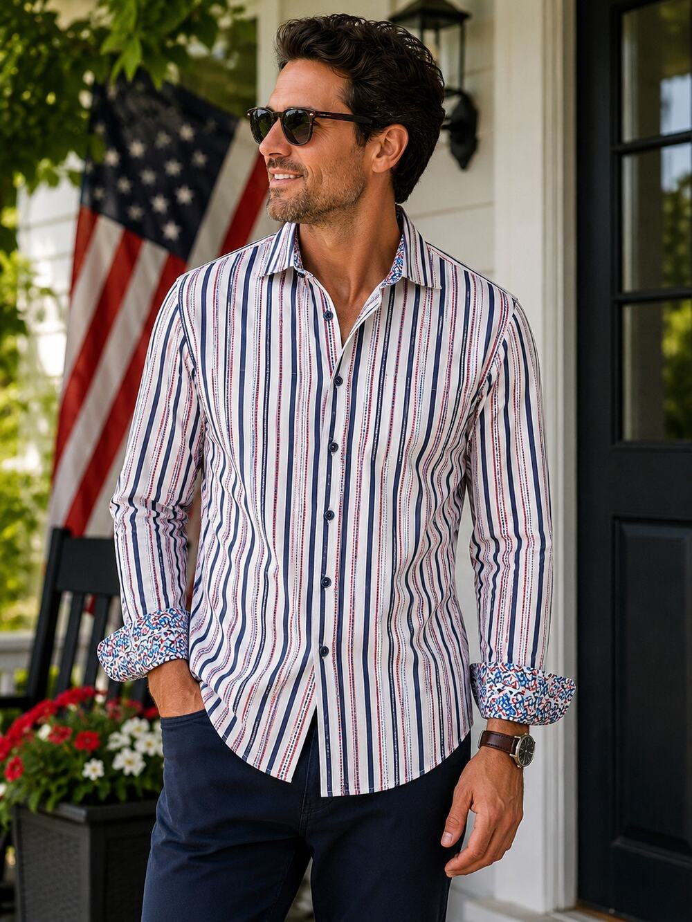 Robert Graham Americana Blue Stripe Contrast Flip Cuff Button Down Shirt XL (7)